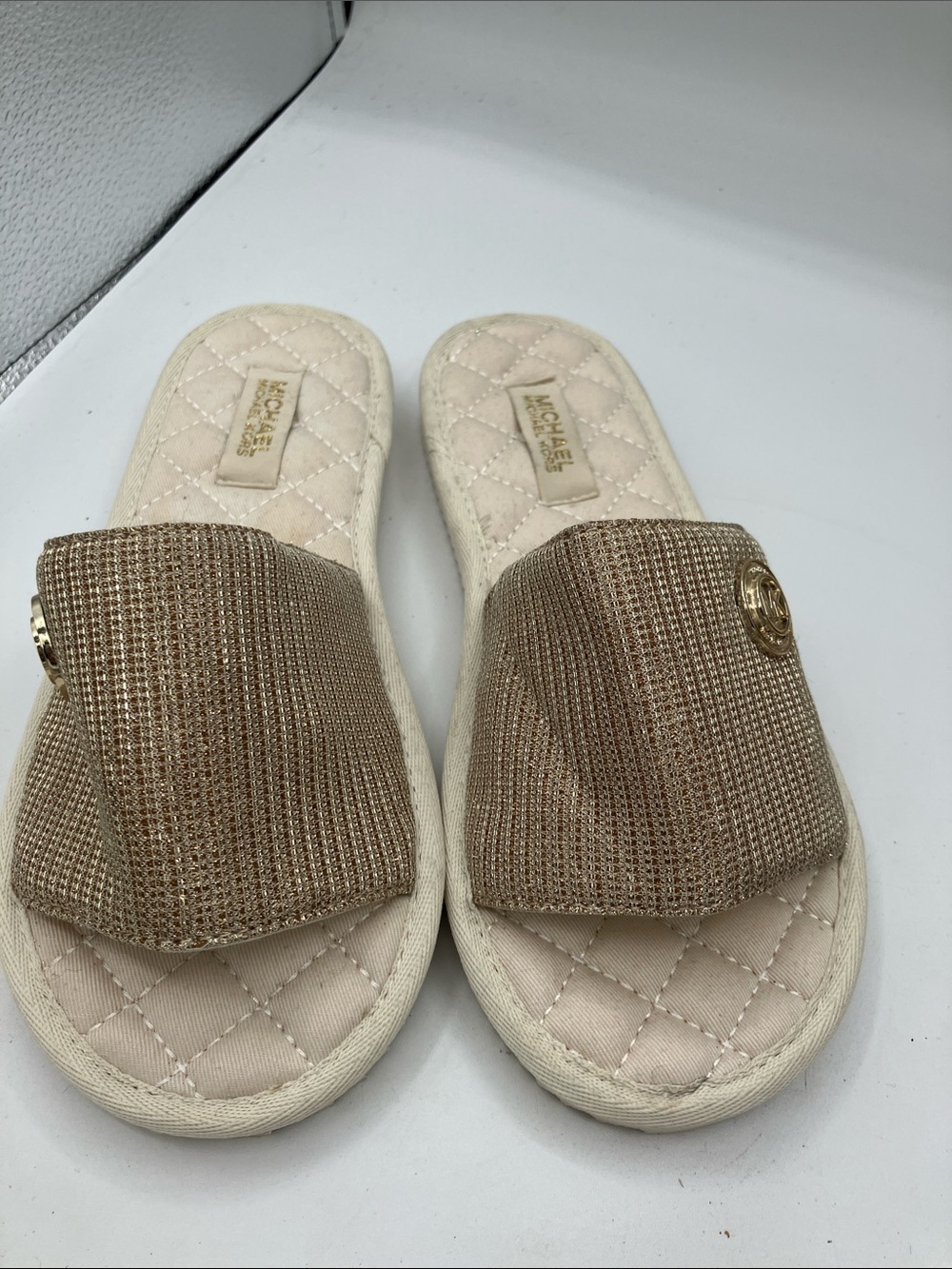 Michael Kors Champagne Metallic Slide Sandals with Quilted Footbed